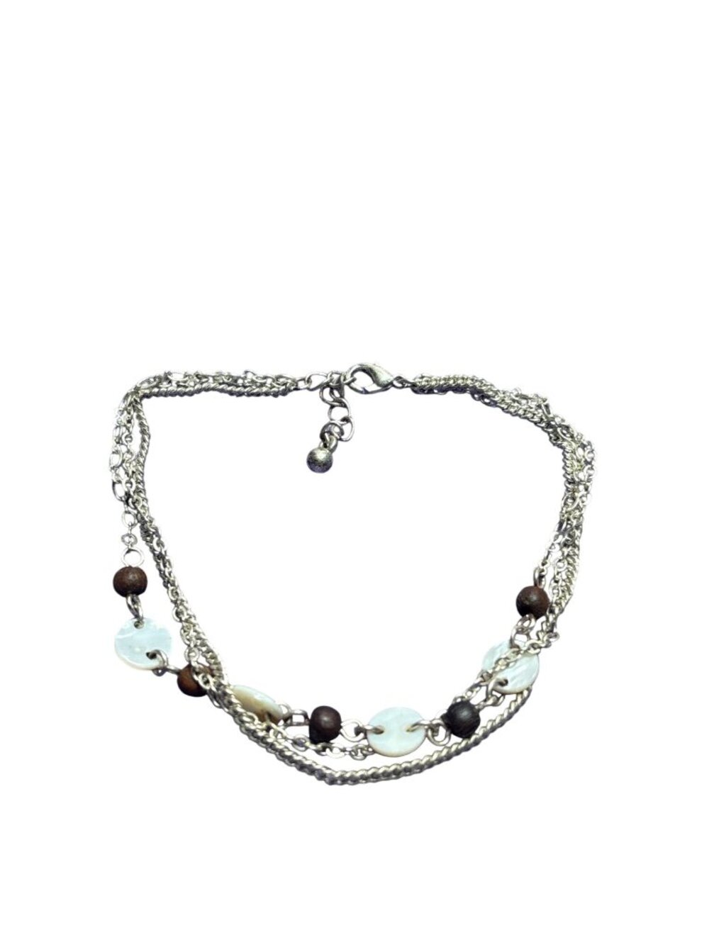 Silvertone 3 Strand Bracelet Wood Beads Plastic Discs 8.75 Inches